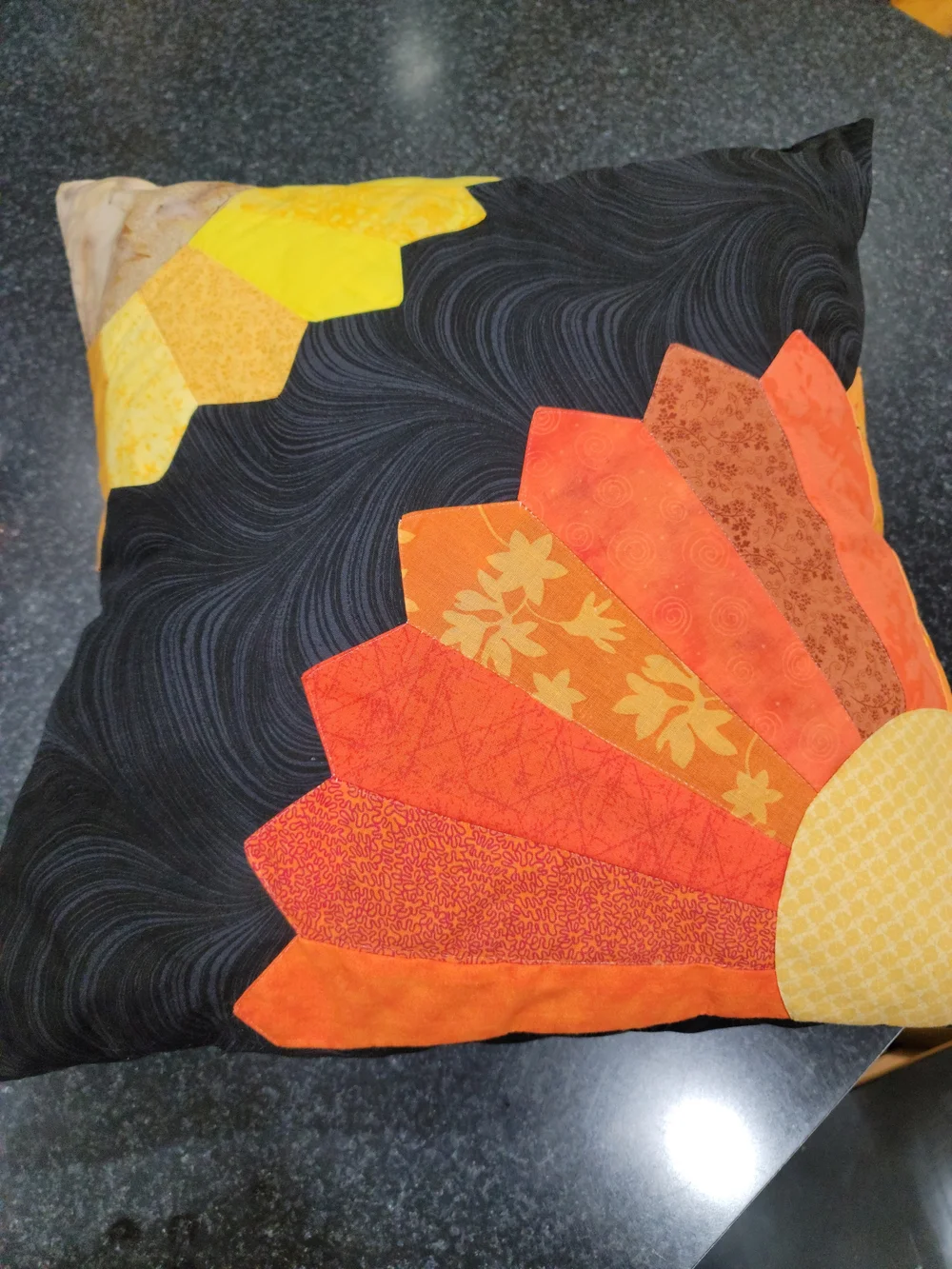 Handmade Patchwork Pillow  Fan Sunburst Autumn Tones Quilted Accent